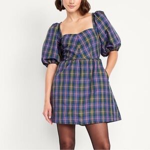 BRAND NEW Plaid Puff Sleeve Mini Dress